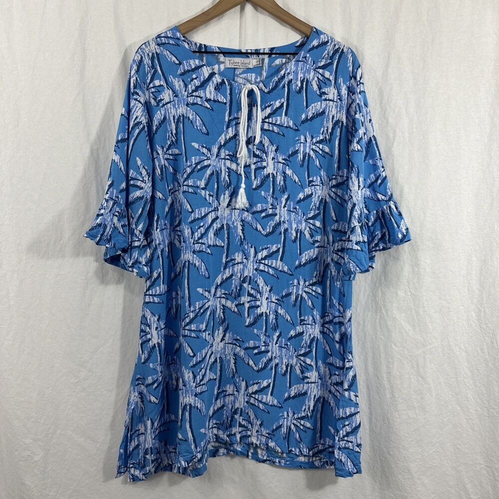 Tybee Island Clothing Company Palm Colorful Beach Coastal Shift Dress Sz L Blue
